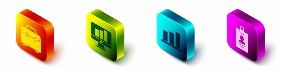 Poster - Set Isometric Briefcase, Monitor with graph chart, Pie chart infographic and Identification badge icon. Vector