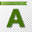 Grass letter A, alphabet 3D design. Capital letter text. Green font isolated white transparent background, shadow. Symbol eco nature environment, save the planet. Realistic meadow Vector illustration