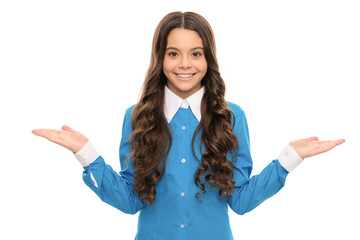 Poster - happy face of teen girl with long curly hair presenting product for choise isolated on white, copy space, face