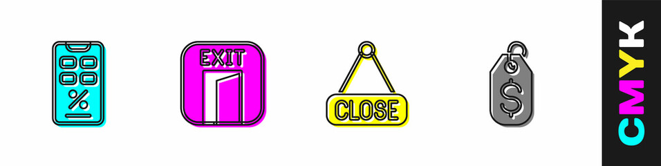 Poster - Set Percent discount and mobile, Fire exit, Hanging sign with Closed and Price tag dollar icon. Vector
