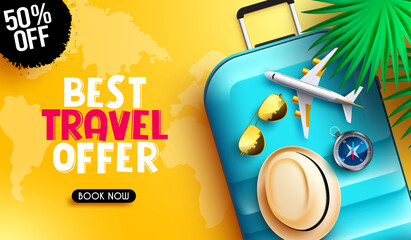 Wall Mural - travel promo vector banner design. best travel offer text with booking discount offer in yellow map 