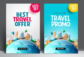 Wall Mural - travel promo vector poster design set. travel promo offer text with special offer discount with trav