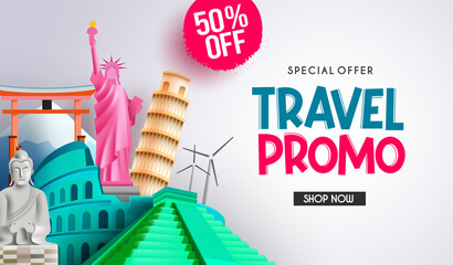 Wall Mural - travel promo vector banner design. travel promo text in special offer discount with tourist destinat