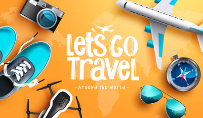 Wall Mural - travel worldwide vector background design. let's go travel text with 3d airplane, compass and travel