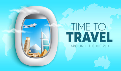 Wall Mural - travel time vector background design. time to travel text with 3d airplane window view of internatio