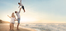 Happy Family Having Fun On Sandy Beach Near Sea At Sunset, Space For Text. Banner Design