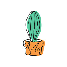 Minimalist Illustration Of Green Cactus In Yellow Pot With Abstract Elements. Depiction Of Houseplant With Lined Sketch. Plant, Succulent.