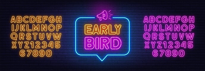 Poster - Early Bird neon sign in the speech bubble on brick wall background.