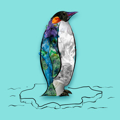 Penguin. Contemporary conceptual art collage with painted animal filled with garbage and plastic waste. Pollution, saving environment, ecology, world social and eco issues