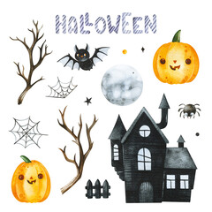 Cute watercolor Halloween collection.Set with branches, haunted house,moon,bat,spider web and pumpkins.Perfect for wallpaper,print,stationery, scrapbooking, packaging,party decorations.