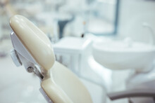 A Clean Modern Well Equipped Dental Surgery Prepped And Ready To Take The First Patient Of The Day . Horizontal Color Image Of Modern Dental Office With Equipment.
