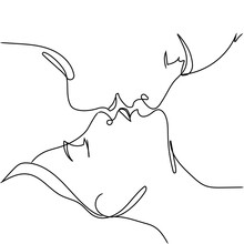 Kiss Man And Woman Vector Art Line Isolated Doodle Illustration.One Line Draw Of Kissing, Single Line Sketch Of Lovers.Modern Continuous Line.Fashion Print.