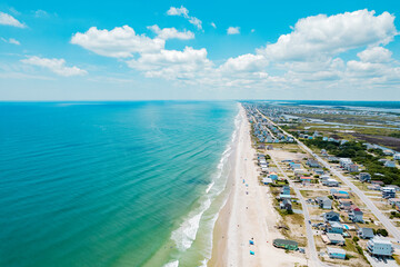 aerial drone view of topsail island the beach summer vacation home rental paradise. surf city and no