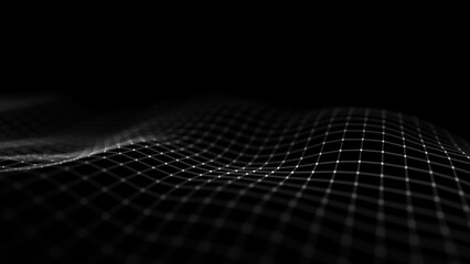 Futuristic moving wave. Digital dark background with moving particles. Big data visualization. 3d rendering
