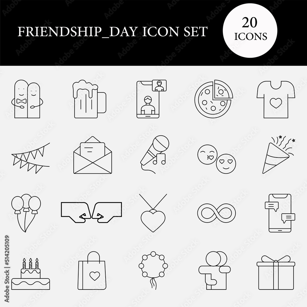 Black Thin Line Art Of Friendship Day Icon Set. Stock Vector | Adobe Stock