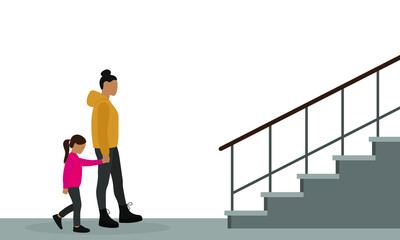 Wall Mural - A female character and a girl are walking holding hands to the stairs on a white background