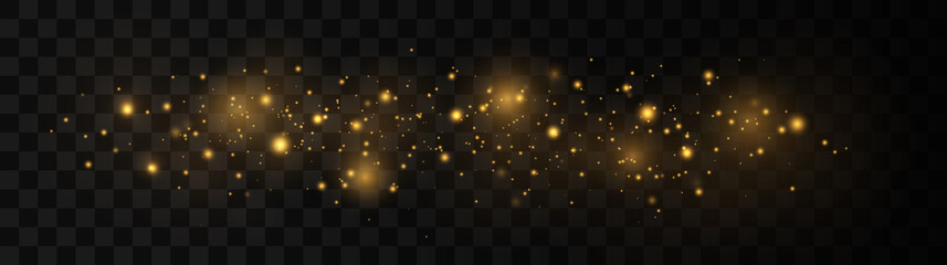 Wall Mural - Sparkling magical dust particles. The dust sparks and golden stars shine with special light on a black background. Christmas concept.