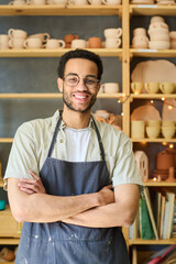 Aufkleber - Young successful craftsman in apron and eyeglasses crossing arms by chest while looking at camera against display with earthenware