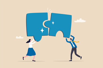 Wall Mural - Partnership working together for success, friendship or connection to help solve problem, teamwork or unity to cooperate and overcome challenge, businessman and woman partner connect jigsaw puzzle.