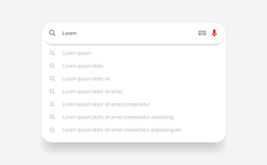 Leinwandbilder - Search Bar with suggestions for UI UX design and web site. Search Address and navigation bar icon. Collection of search form templates for websites. Search engine web browser window template.