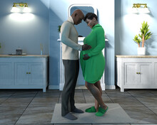 Black Couple Expecting A Baby. In A Warm Romantic Hugging Embrace. Illustration