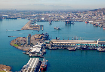 aerial view of the commercial port of cape town in south africa.