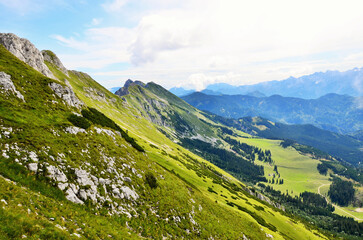 Fototapete - Hiking in the hills with beautiful views into the valley. Summer mountains. 