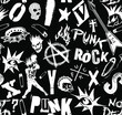 Vector black and white seamless pattern of punk and anarchy symbols, skulls, guitars and typography design in the style of 70s punk rock style.