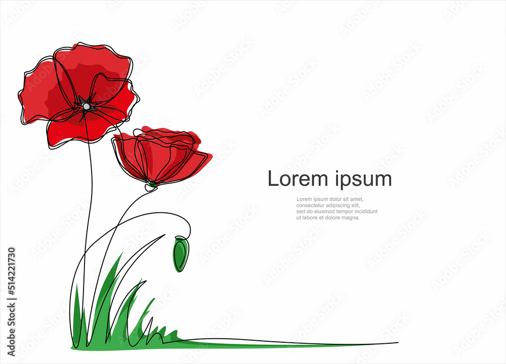 Poppy flowers in continuous line art drawing style. Minimalist black linear design isolated on white background. Vector illustration with quote template.
