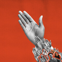 Wall Mural - Contemporary art collage. Human hands reach up, vote, approve over red background. Ideas, imagination, art, surrealism. Concept of social issues, propaganda, mental health