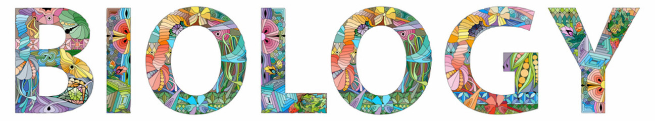 BIOLOGY in the style of abstract hand drawing. Letters with ornament