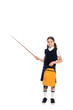 Full length of schoolchild holding pointer and backpack on white background.