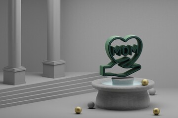 Poster - Beautiful abstract illustrations Green hand heart with word MOM symbol icon on a fountain and column background. 3d rendering illustration. Mothers Day.