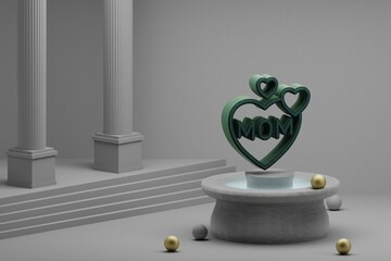 Poster - Beautiful abstract illustrations Green word MOM with heart symbol icon on a fountain and column background. 3d rendering illustration. Mothers Day.