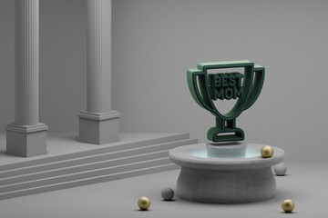 Poster - Beautiful abstract illustrations Green cup with words BEST MOM and heart symbol icon on a fountain and column background. 3d rendering illustration. Mothers Day.