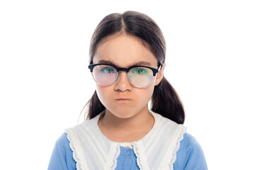 Canvas Print - Portrait of angry schoolgirl in eyeglasses looking at camera isolated on white.