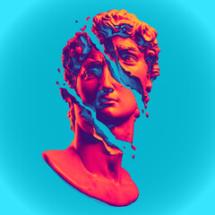 Wall Mural - Abstract illustration from 3D rendering of a white marble bust of male classical sculpture broken shattered in three large pieces and tiny fragments isolated on background in vaporwave stye colors.