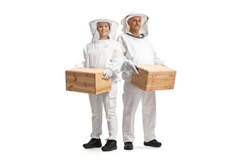 Sticker - Bee keepers in usniform holding wooden crates