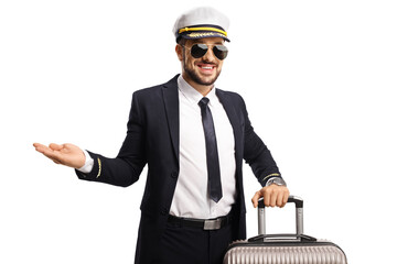 Poster - Pilot in a uniform with a suitcase pointing with hand