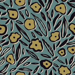  Retro floral batik seamless pattern with sketch or outline flowers and leaves. Vector contemporary repeat for textile.