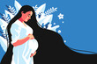Abstract Graphic Bundle, modern art about pregnancy and motherhood - mother concept. Poster with a beautiful young pregnant woman with long black hair on the blue background. Woman in white clothing. 