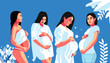 Set of abstract Graphic Bundle, modern art about pregnancy and motherhood - mother concept. Poster with a beautiful young pregnant woman in white clothing with long black hair on the blue background. 