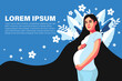 Abstract Graphic Bundle, modern art about pregnancy and motherhood - mother concept. Poster with a beautiful young pregnant woman with long black hair on the blue background. Woman in white clothing. 