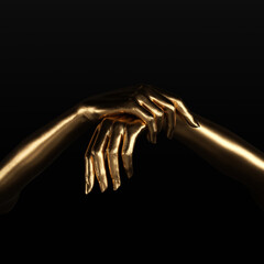 Wall Mural - Golden hands abstract sculpture 3d rendering, arms pose one hand holding the other