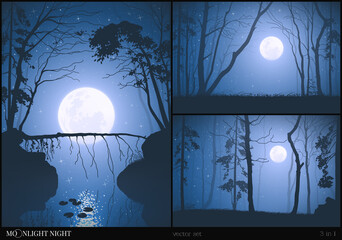 Sticker - Fallen tree over river. Pine forest on starry night. Moon landscapes