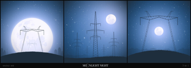 Sticker - Transmission tower on moonlight starry night. Industrial landscape set
