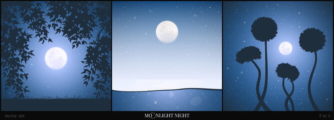Sticker - Full moon over sea. Starry sky framed by branches. Dandelions at night