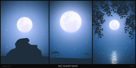 Sticker - Landscape with large stone. Lake framed by branches. Savannah on moonlight night