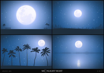 Sticker - Night cityscape. City buildings under full moon. Palm trees on beach