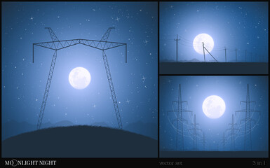 Sticker - Transmission towers. Industrial landscape set. Moonlight starry night